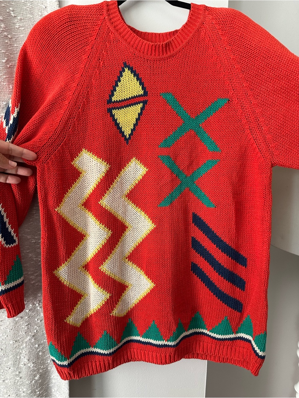 Vintage 80’s Tric Trac Red Geometric Pattern Crewneck Sweater Sz M